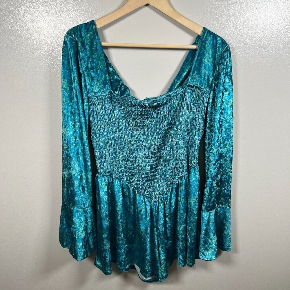 Free People Bali Tightrope Romper Size Large Turquoise Velvet Mermaidcore Boho